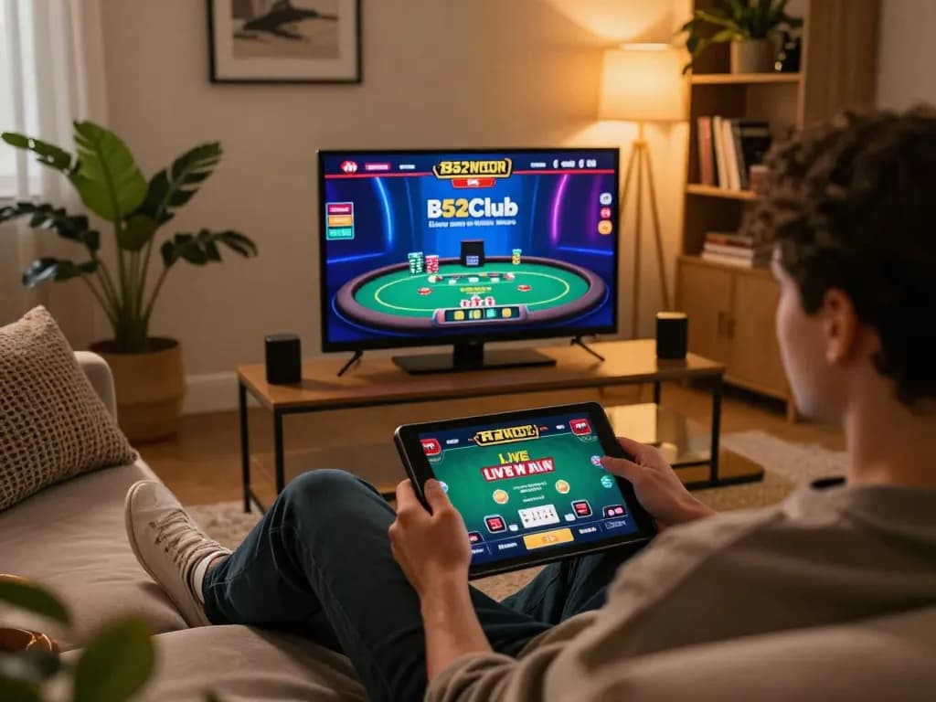 B52Club player engaging with live dealer games in a cozy home setting.