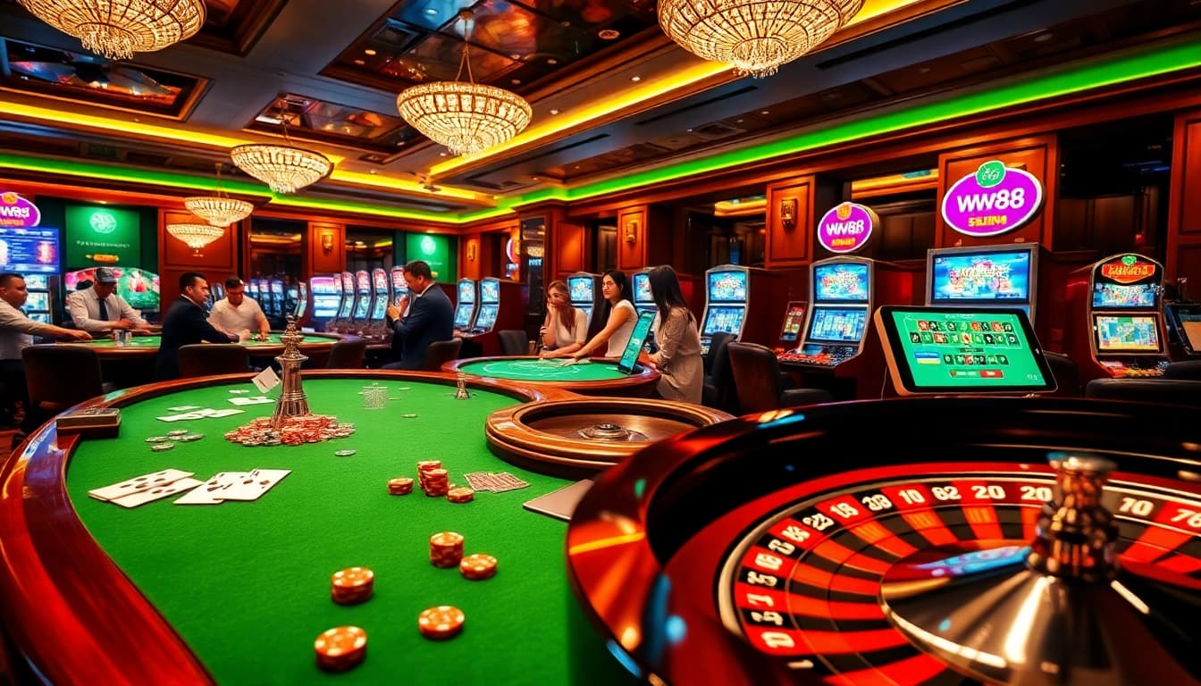 Engaging scene portraying players at ww88 online casino with vibrant tables and bright slot machines.