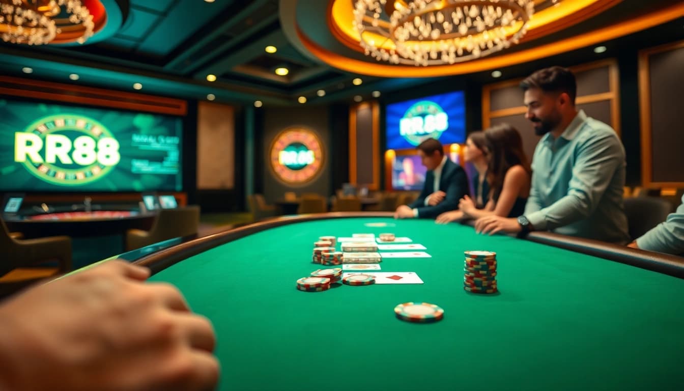 Experience the excitement of gambling with RR88 at https://rr88c.pro/ featuring casino tables and poker chips.