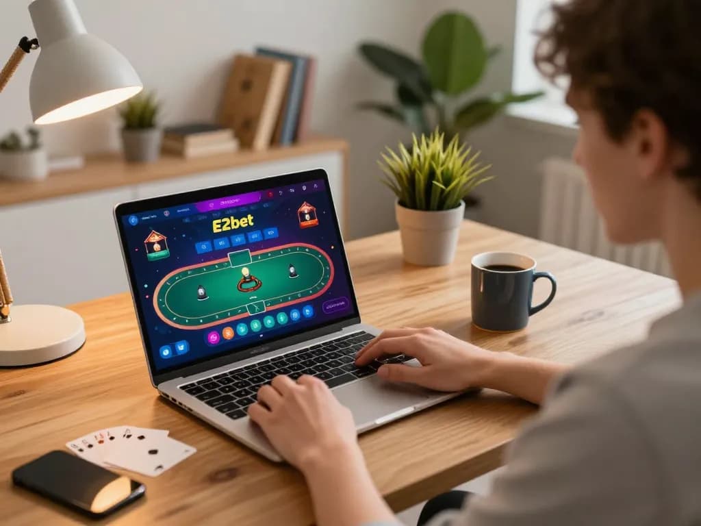 Engaging with E2bet's mobile app for an online poker game in a cozy home workspace.