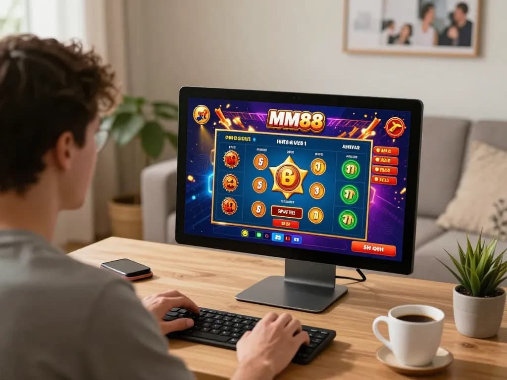Experience online gaming excitement with MM88 as a player enjoys casino action in a cozy home setting