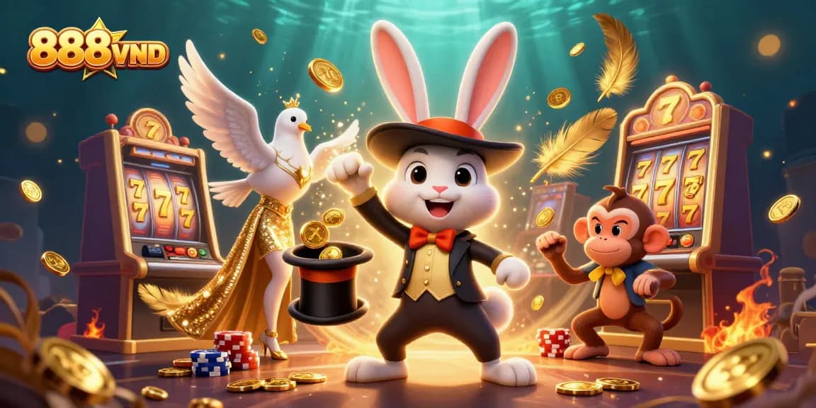 Engage with 888VND's magical casino experience featuring a rabbit magician and glittering elements.