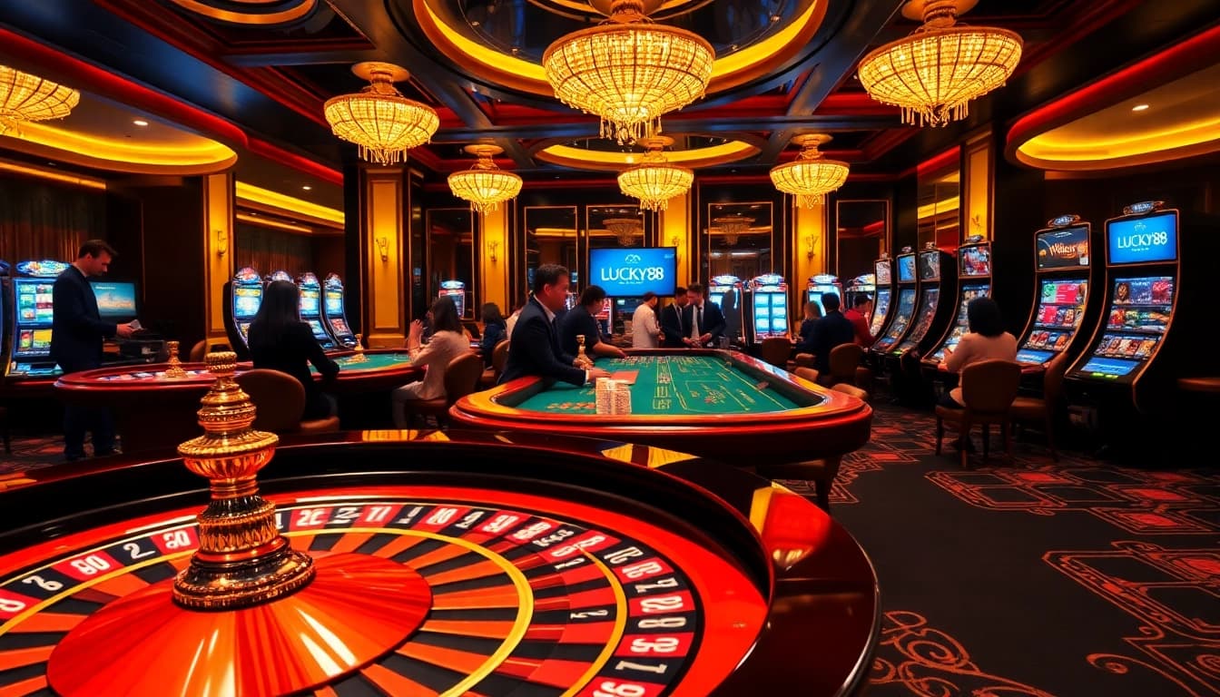 Excited players enjoying a vibrant casino scene featuring Nhà cái LUCKY88 branding on tables and screens.
