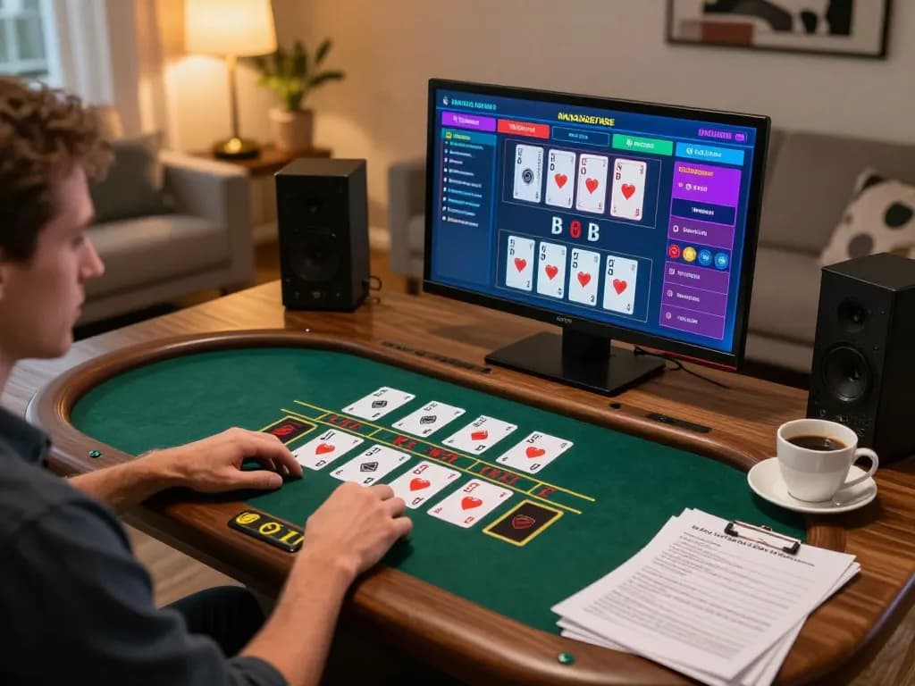 Player enjoying online blackjack at home using tr88seo with live dealer on screen, cozy setup