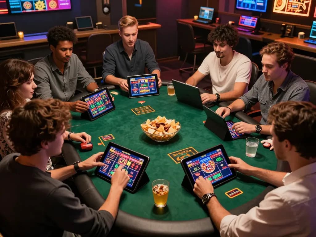 Friends enjoying online gaming on tablets, highlighting social gambling moments with kong88 gaming.