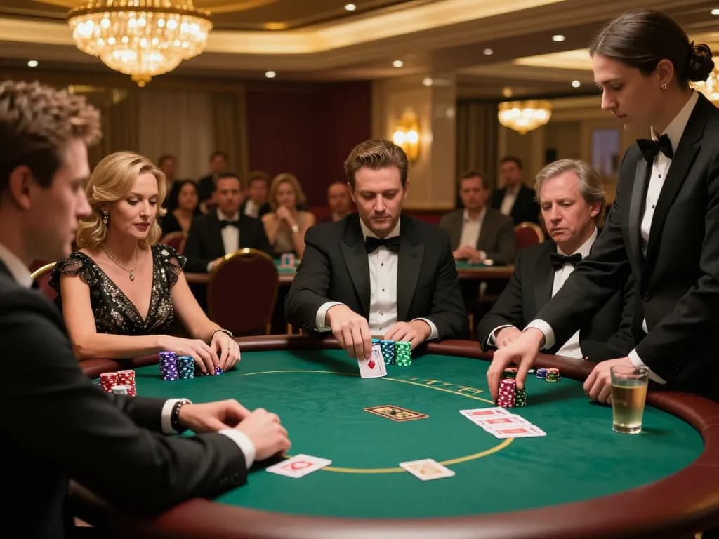 Go8 players skillfully reveal winning hands at an upscale casino poker tournament.