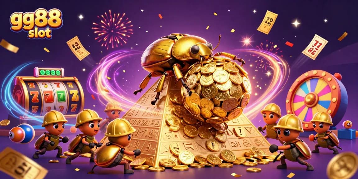 Experience the excitement of gg88 slot with golden beetles and dynamic casino symbols in a vibrant 3D illustration.