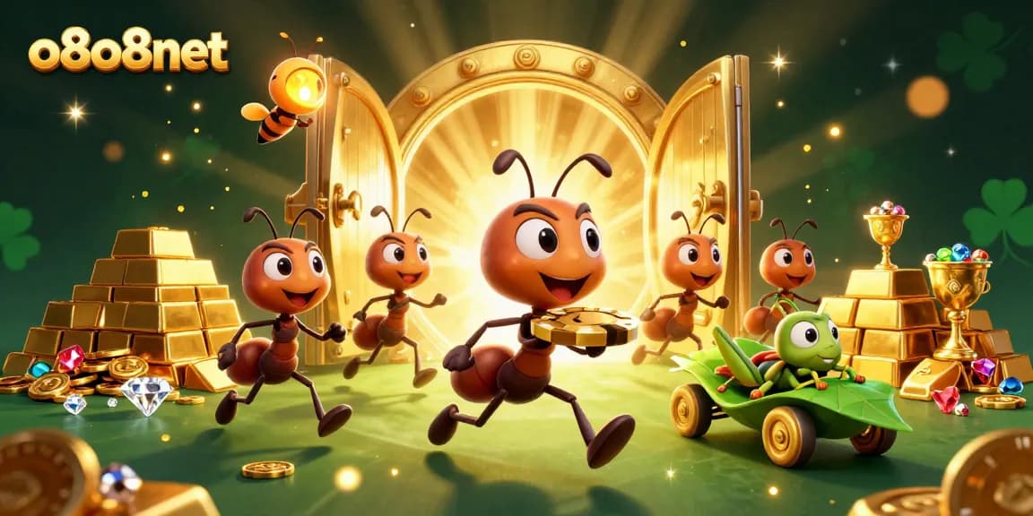 Experience excitement at o8o8net with playful ants stealing a giant poker chip in a vibrant casino heist.