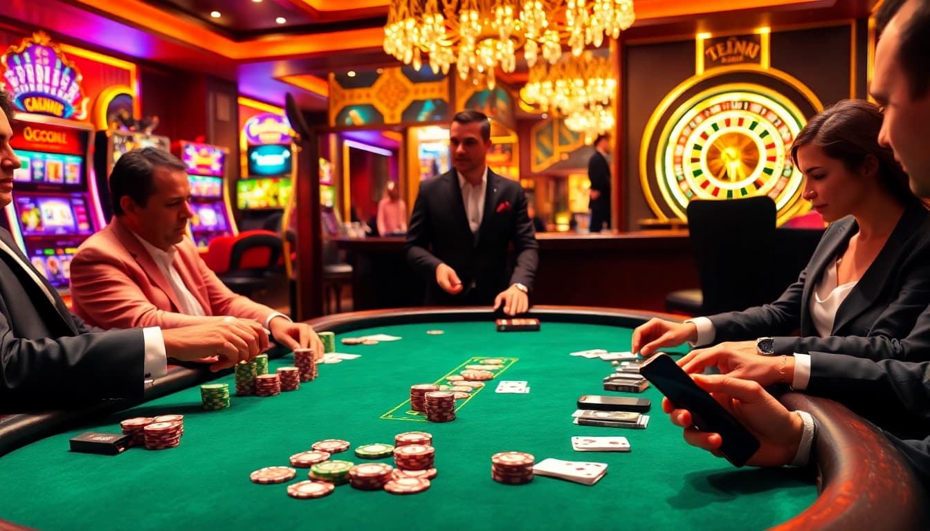 Engaging scene of players enjoying poker at trang chủ daga with vibrant slot machines and roulette.