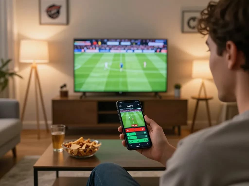 Vsports bettor making a strategic wager on a mobile app while watching live sports, creating an engaging home gambling atmosphere.