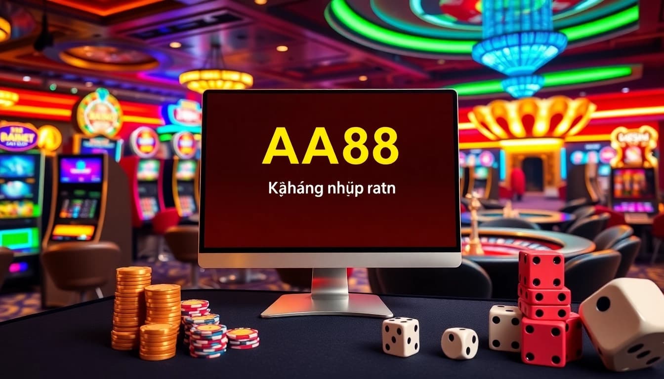 Experience AA88 Đăng nhập on a vibrant online casino interface filled with poker chips and slots.