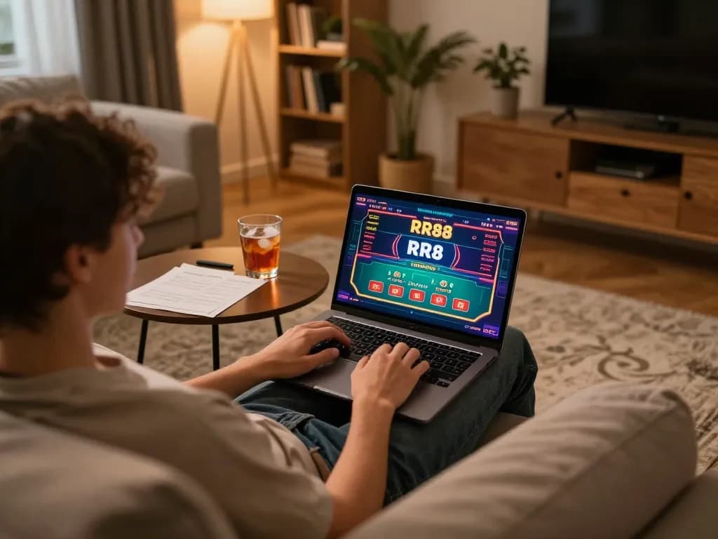 Player enjoying RR88 online gaming session on a laptop with vibrant poker interface, cozy living room vibes