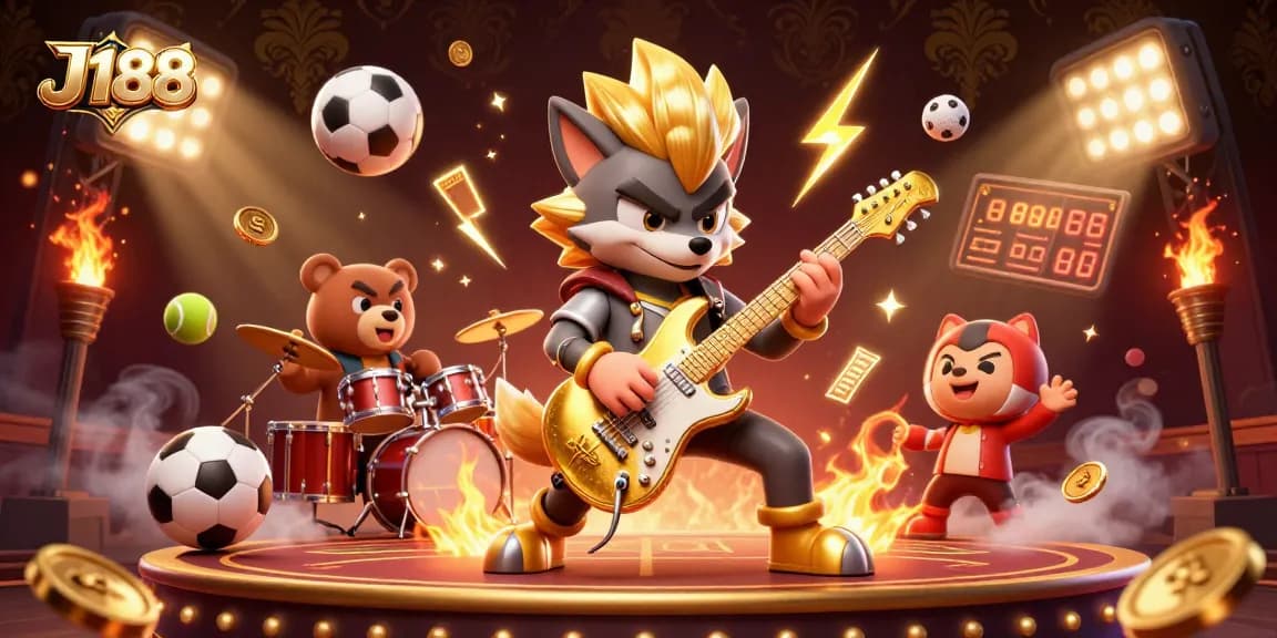 Engage with J188's exciting casino scene featuring a rock star and dynamic sports elements.