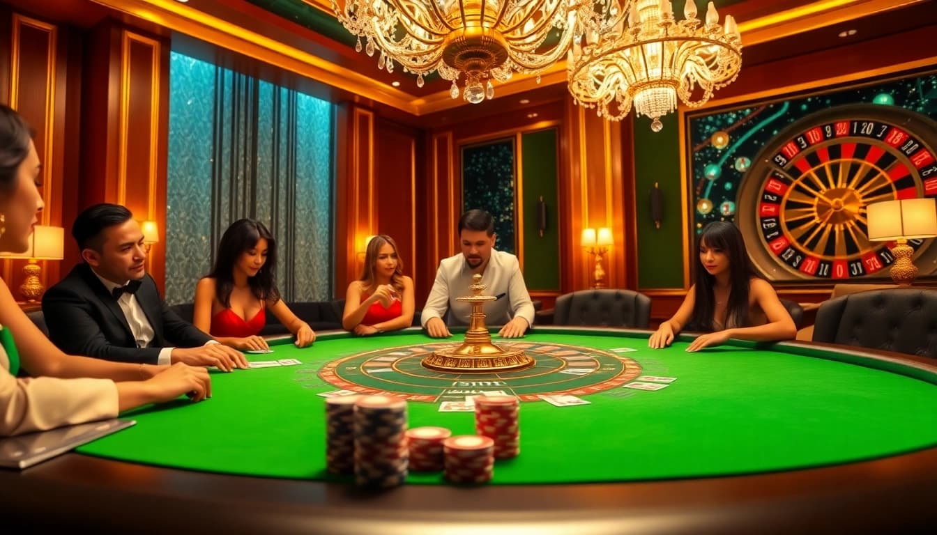 Players engaging in a high-stakes game at nhà cái ee 88 poker table, filled with vibrant casino elements.