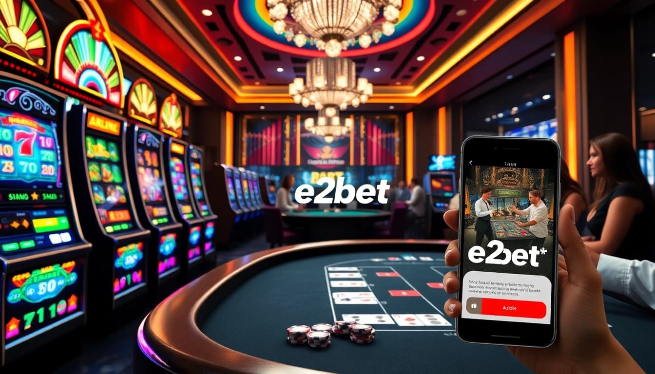e2bet casino scene featuring vibrant slots, poker action, and a sleek mobile interface