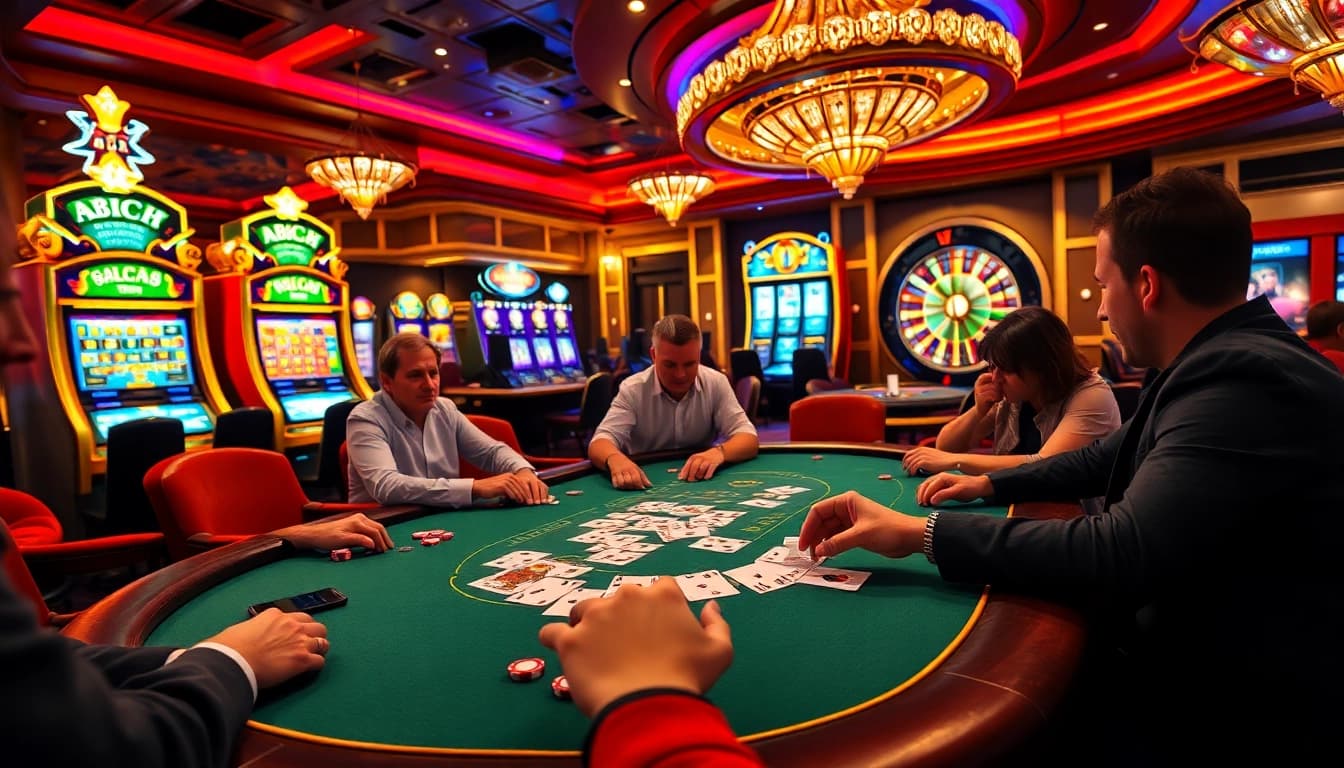 Players engaging in a high-stakes poker game at ABC8 casino, capturing excitement and strategy.