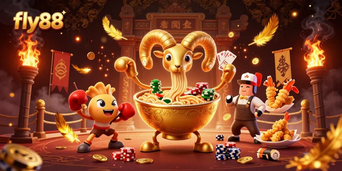 Experience excitement at fly88 with a vibrant 3D illustration featuring gambling-themed characters and casino elements.