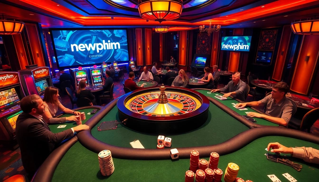 Engage with exciting casino action at newphim with poker tables, roulette, and vibrant lights.