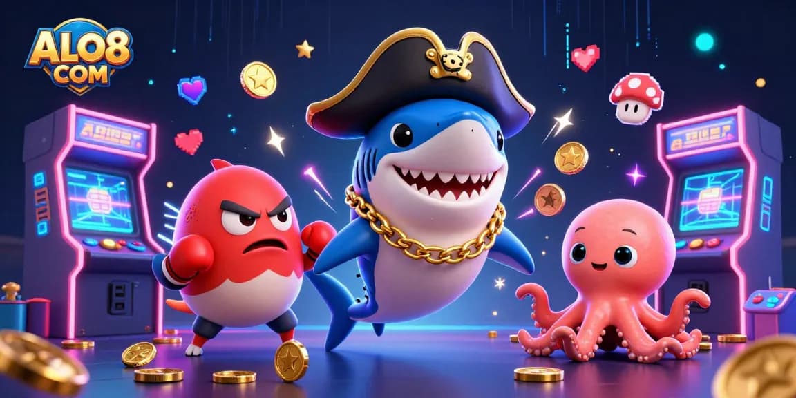 Join the excitement at ALO8 COM, featuring a playful pirate shark and friends amidst vibrant casino game elements.
