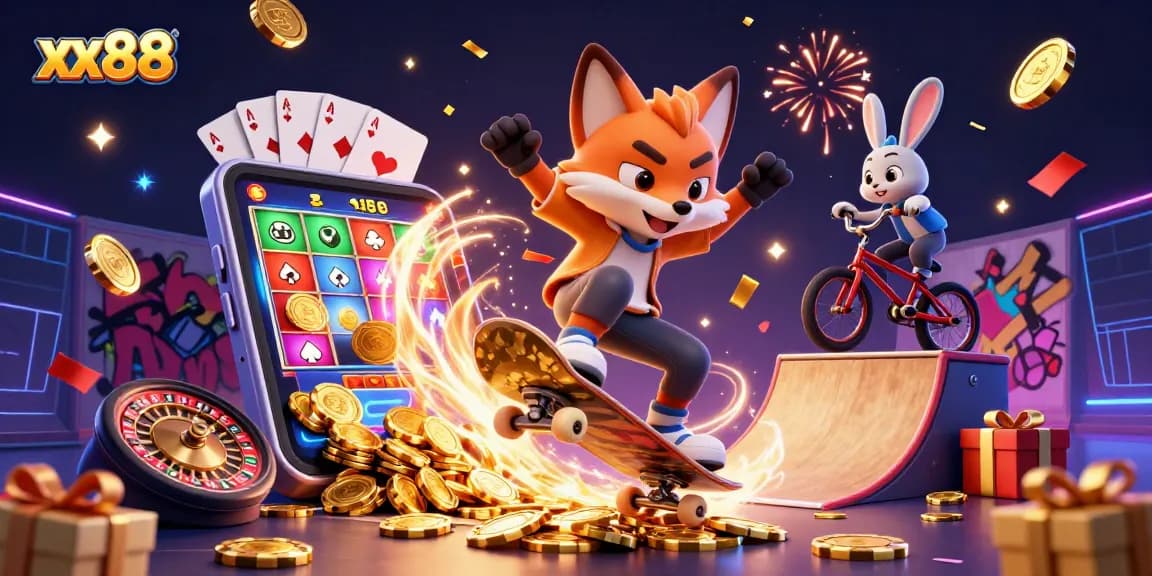 Experience the excitement of xx88 with a dynamic scene of thrilling casino fun and energetic characters.