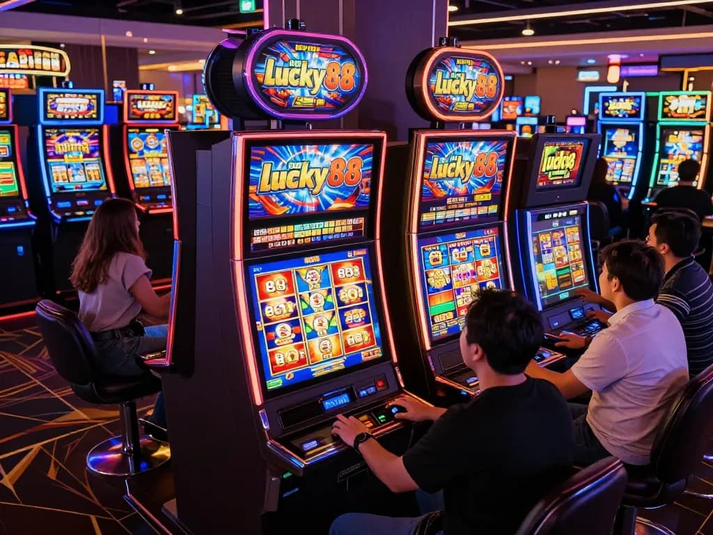 Playing the Lucky88 slot game at a lively casino filled with colorful machines.
