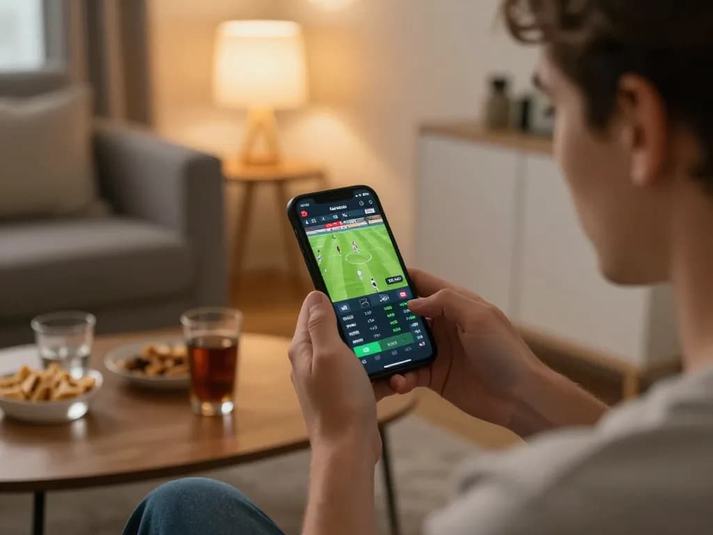 Engaged player placing bets on the Bsport BTY app during a football match.