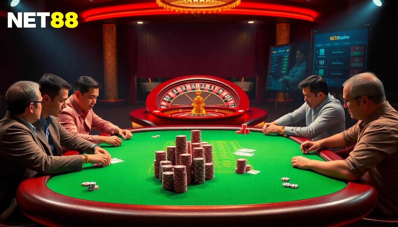 NET88 branded casino table with players strategizing in an intense poker game.