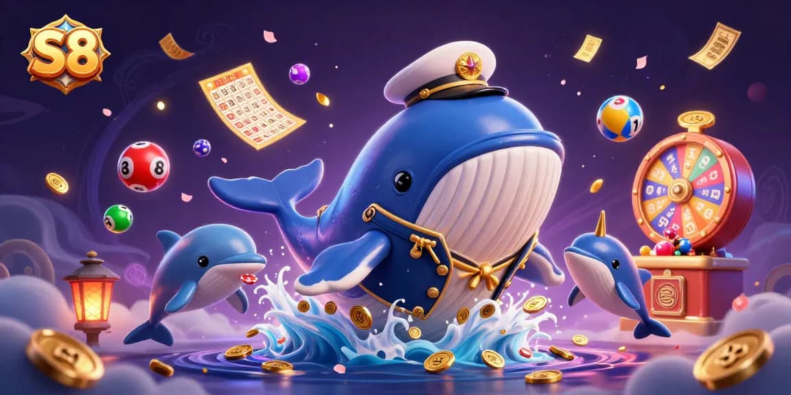 Engage in thrilling S8 casino action with a whale captain and friends amid vibrant gaming elements.
