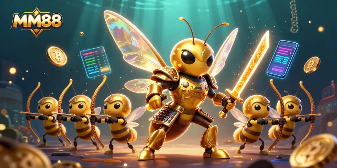 Experience thrilling gameplay at MM88 with vibrant 3D characters and crypto elements in a dazzling casino scene.