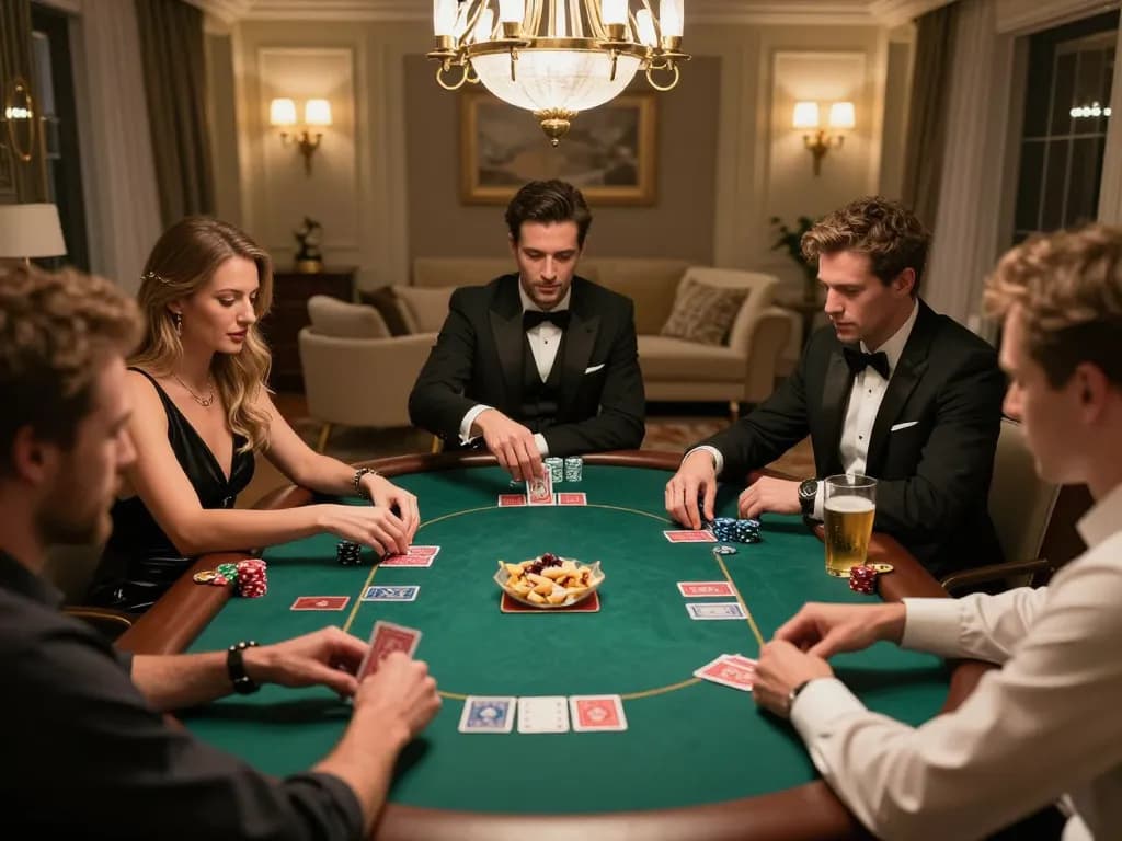 VIPWIN players enjoying high-stakes poker in a luxurious home setting, showcasing cards and engaged expressions.
