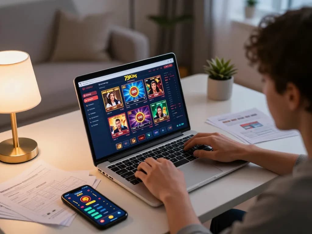 Engaging in online casino gaming at home with 79king app on laptop and cozy atmosphere