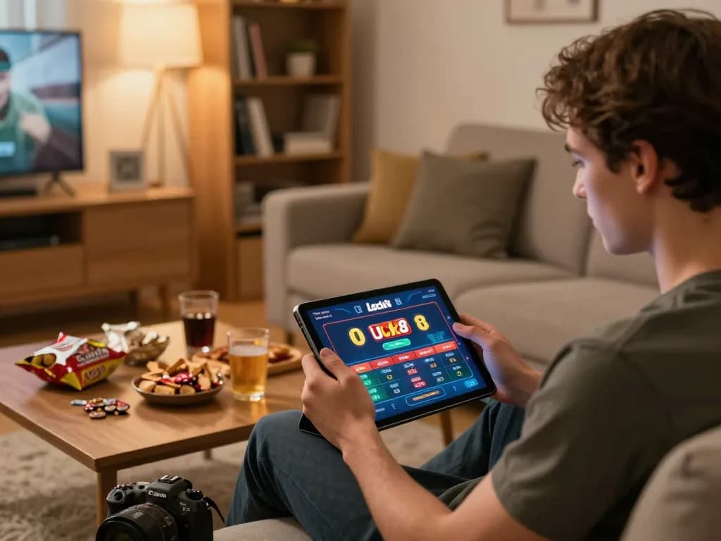 Engaged player navigating the luck8 casino app, relaxed in a cozy living room.