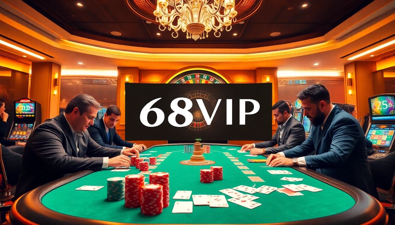 Players enjoying a high-stakes game at a luxurious 68VIP casino table, capturing excitement.