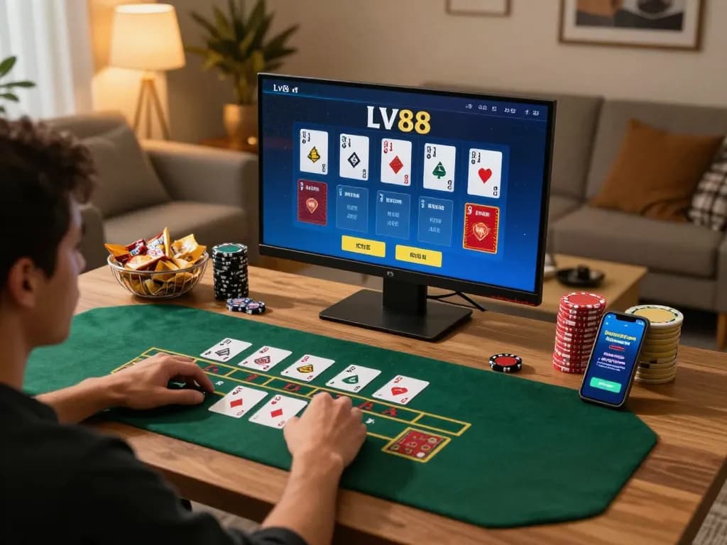 Player enjoying blackjack on LV88 with a laptop and snacks in a cozy home setup.