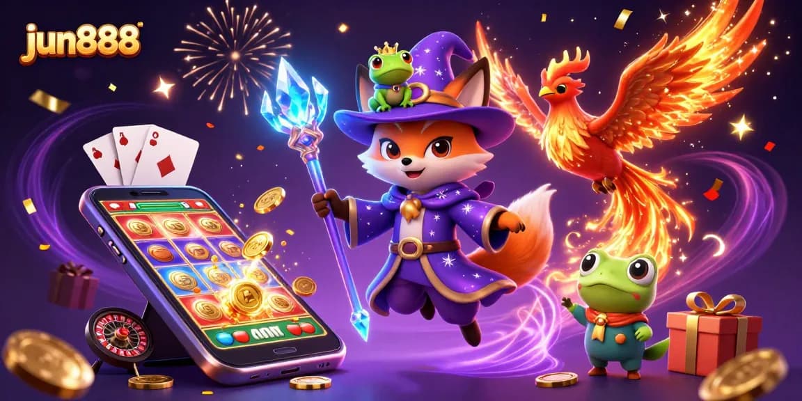 Win big with jun888 at this vibrant online casino illustration featuring magical characters and gaming elements.
