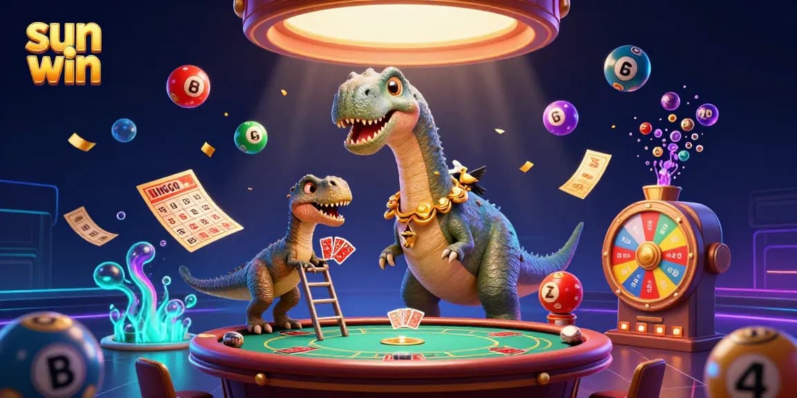 Experience the excitement of sun win with a vibrant casino scene featuring cartoon dinosaurs and dynamic game elements.