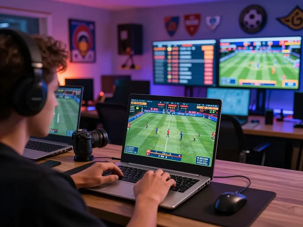 Engaged player analyzing kèo nhà cái while betting on sports events online with multiple screens.