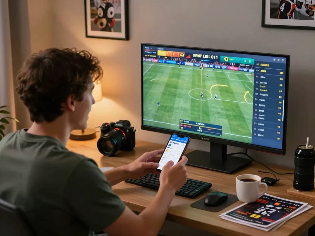 Engaging sports betting scene with FLY 88 user analyzing live events and placing bets through a mobile app.