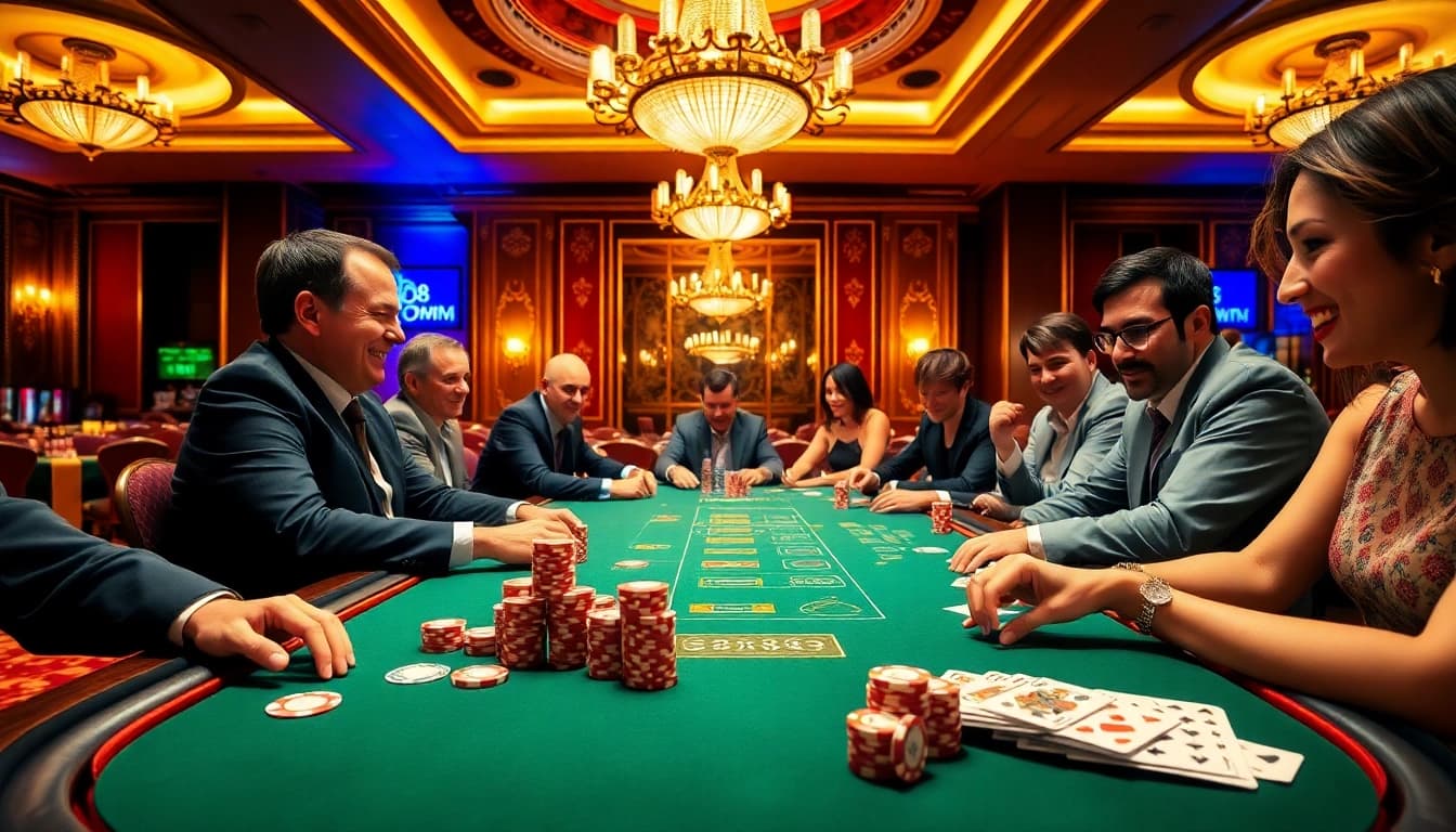 Engaging scene of players at an MM88 COM poker table during an exciting game.