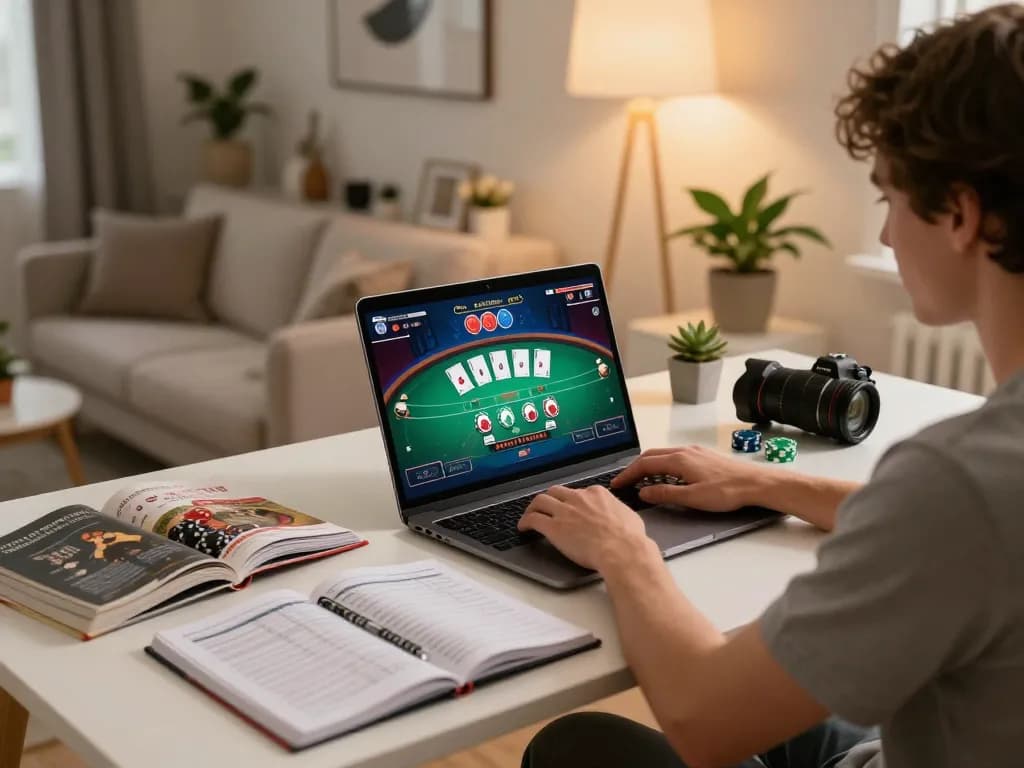 An engaging home gaming scene where a player navigates nhacaiuytinn poker game strategy at their laptop.
