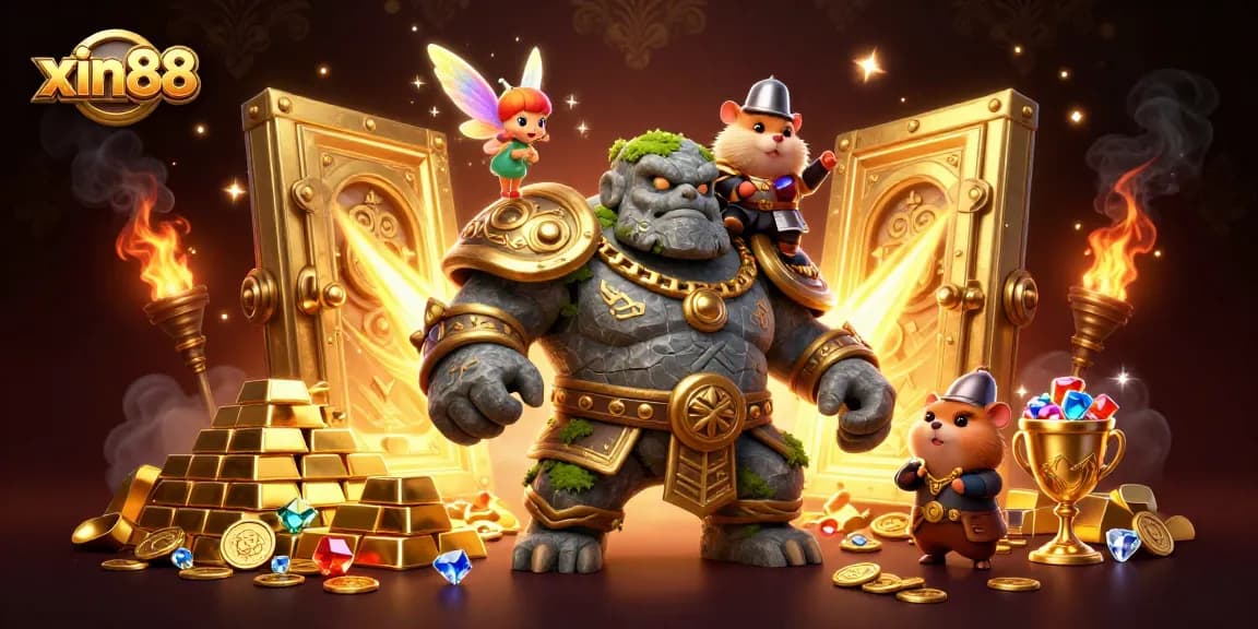 Play exciting games at xin88 with golden treasures, guardians, and fairies illuminating the casino world.