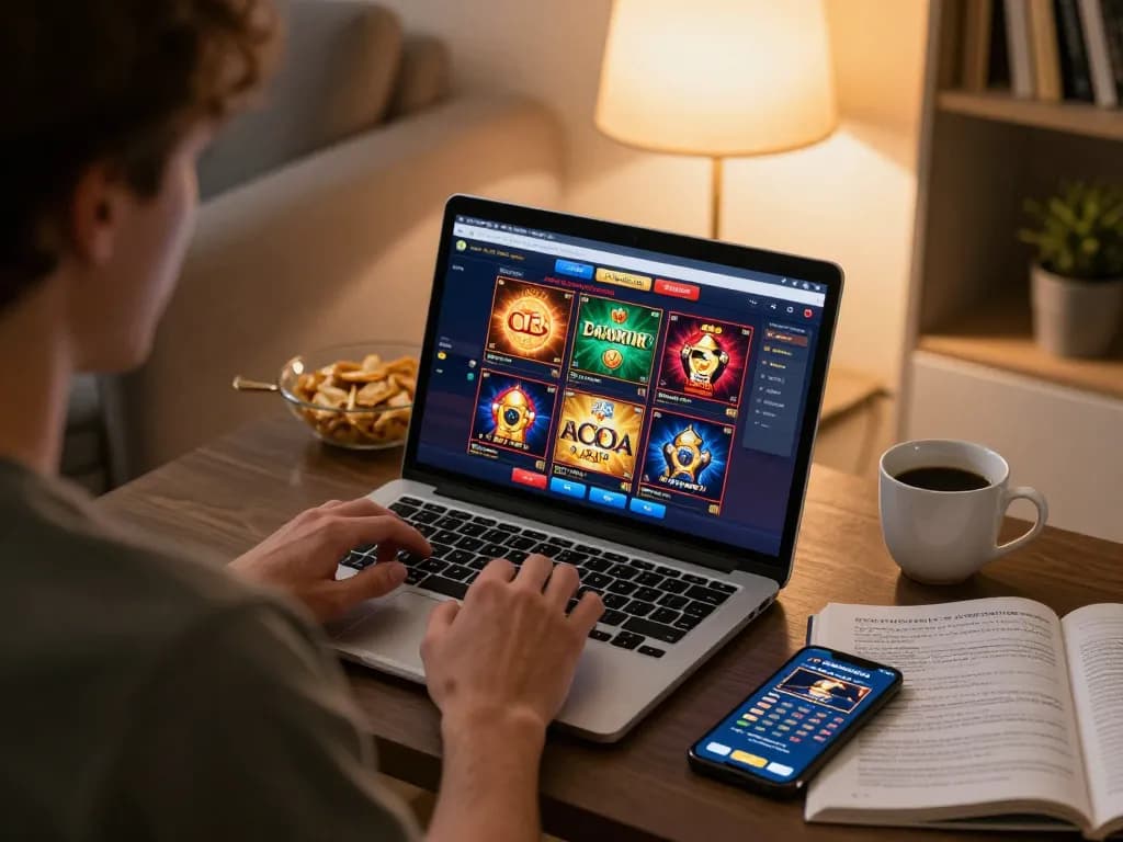 Engaging scene of a player downloading tải sunwin on a laptop while enjoying a cozy home atmosphere with snacks and strategy notes