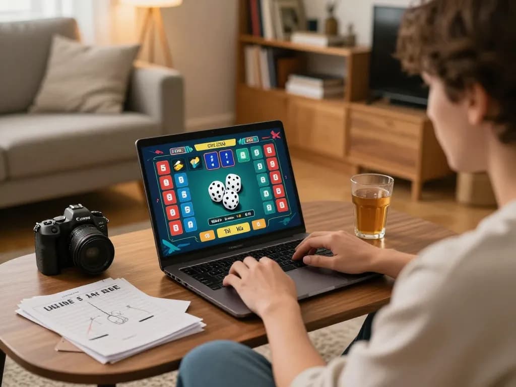Player enjoying Tài Xỉu gameplay at home with laptop on table showcasing taixiuonline8 online casino experience