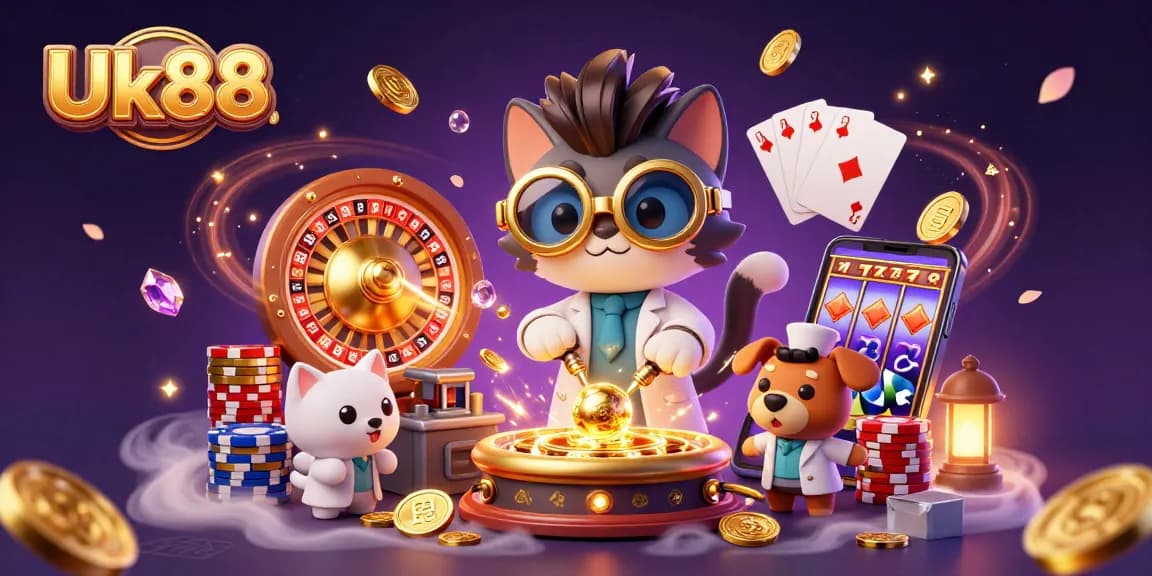Engage with Uk88's thrilling gameplay as a scientist cat and dog assistant explore casino wonders!