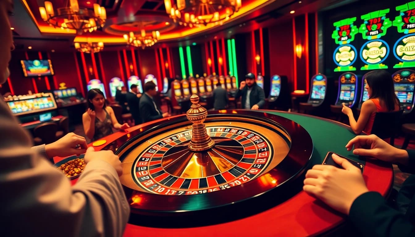 Experience the thrill of 7mcn as players engage with a luxurious casino setting featuring roulette and vibrant gaming elements.