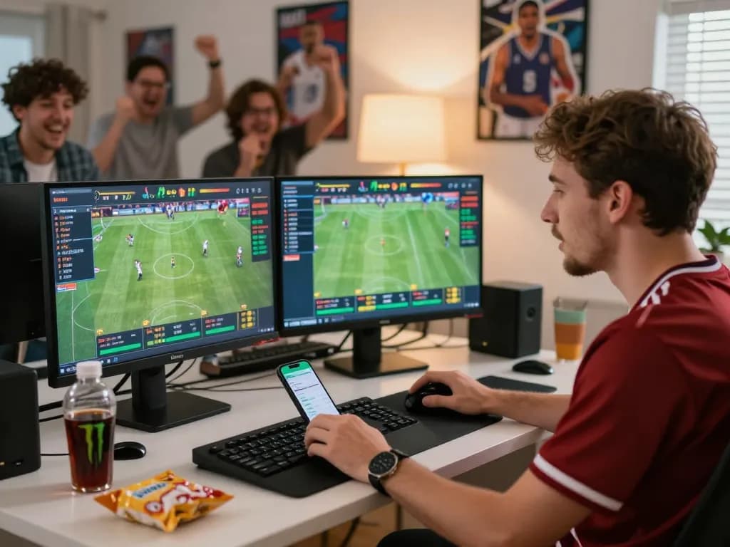 Engaging online sports betting experience at https://vaobong1gom.us.com/ with dual monitors and excited participant.