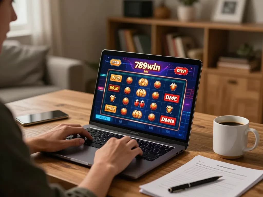 Engaging in online gaming with 789win interface at a cozy home setup.