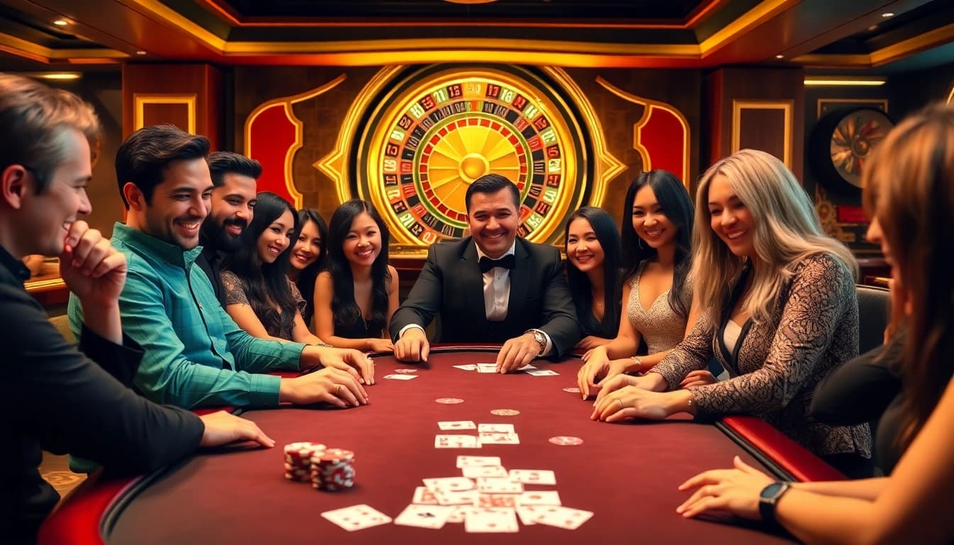 Players enjoying a thrilling poker game at 98win casino, showcasing excitement and professionalism.