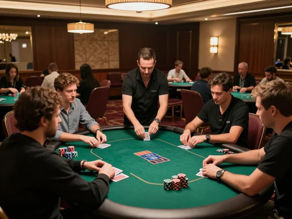 MANCLUB players engaging in an intense poker game with chips stacked high.