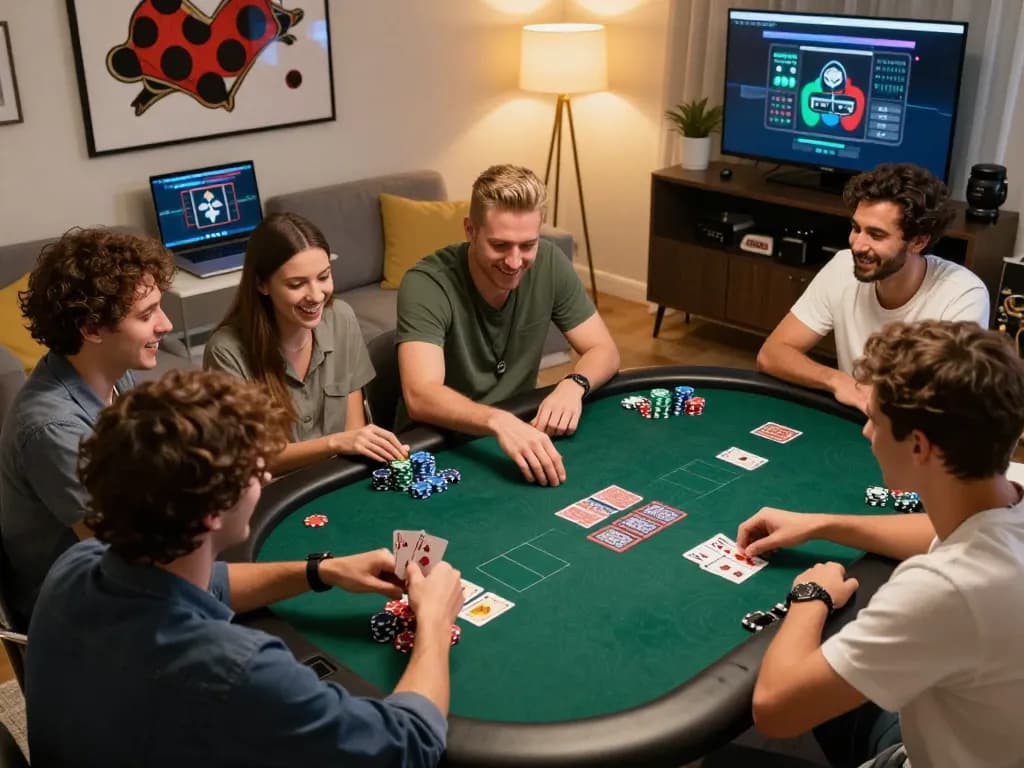 Friends enjoying a thrilling online poker game at home, capturing the fun of gaming with km777.
